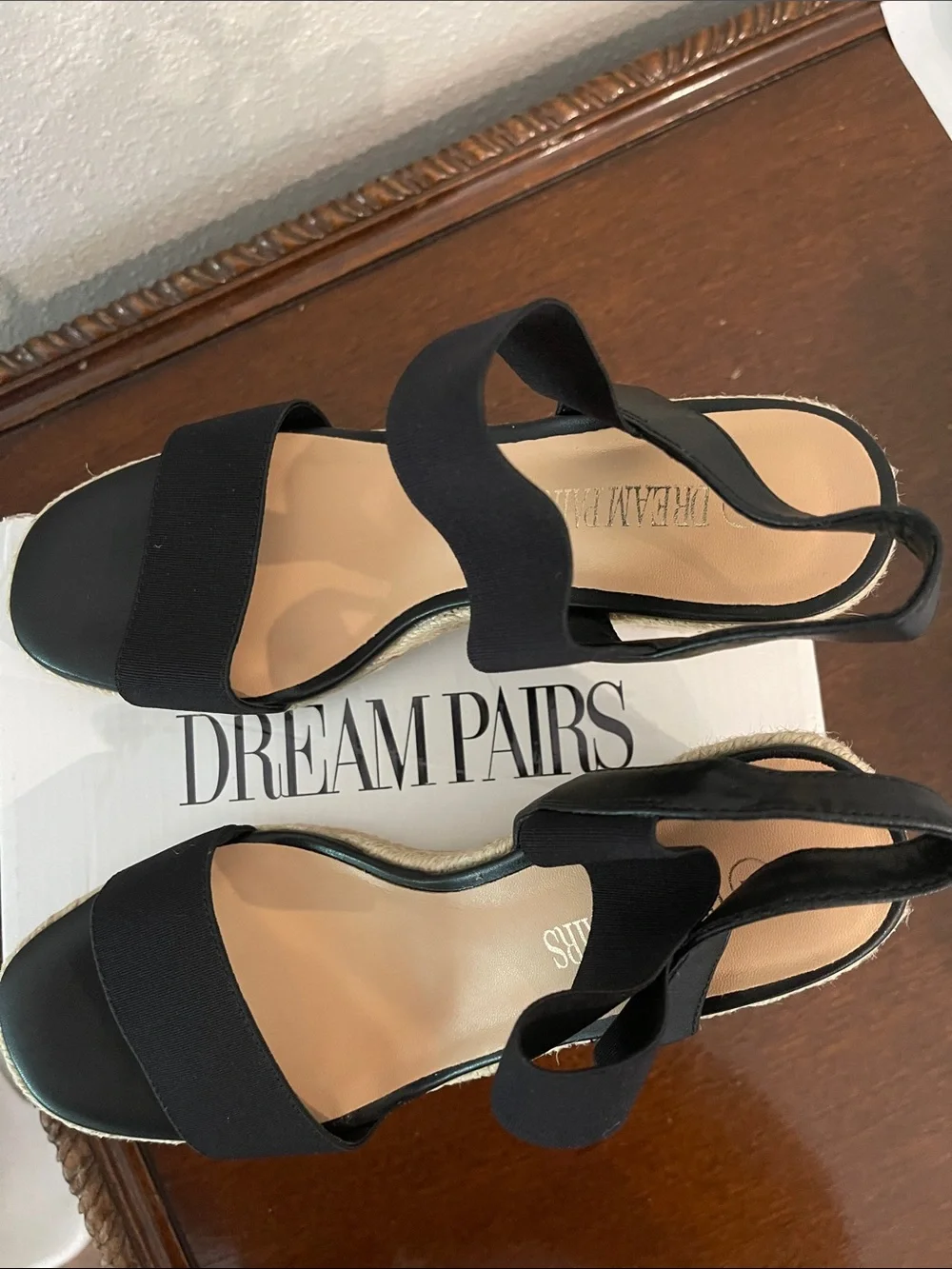 Dreampairs, Black Elastic Strap Espadrille Wedges